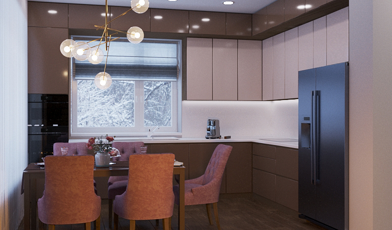 Кухня-гостиная дизайн проект 2х этажного загородного дома